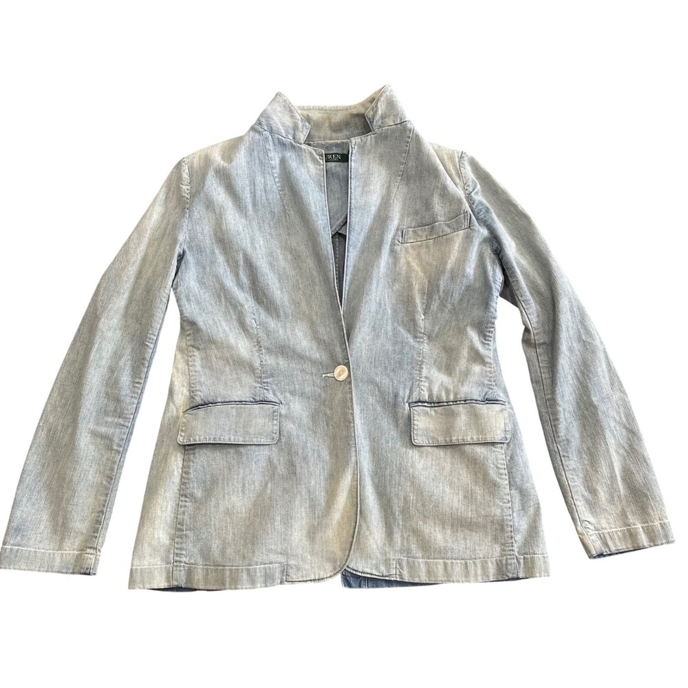 Lauren Ralph Lauren Light Wash Denim Blazer Stand Collar Jacket Blue Size 12